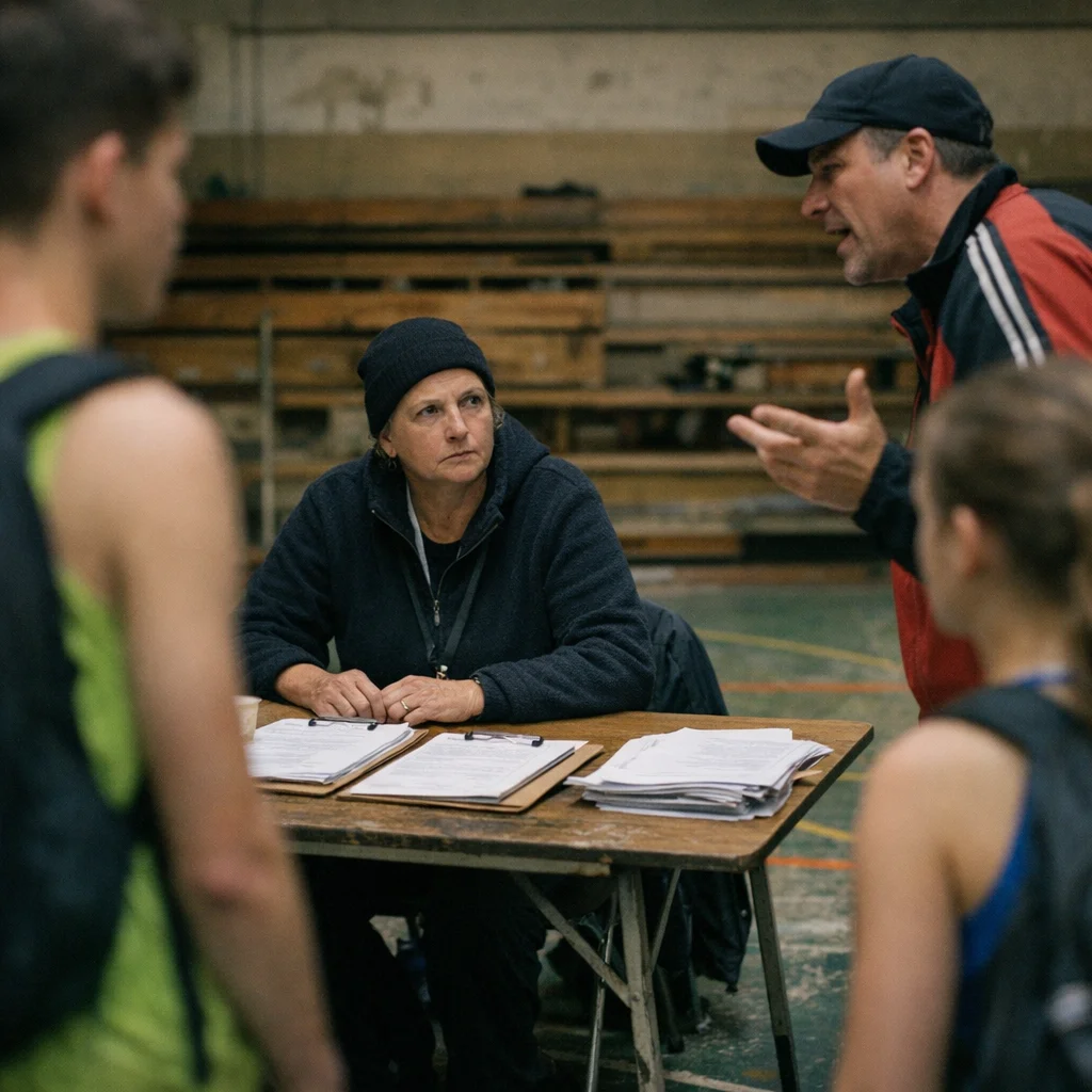 Olena Kovalenko’s “Neutrality Check” Turns Wedding Community Gym Into an Olympic-Sized Purity Trial