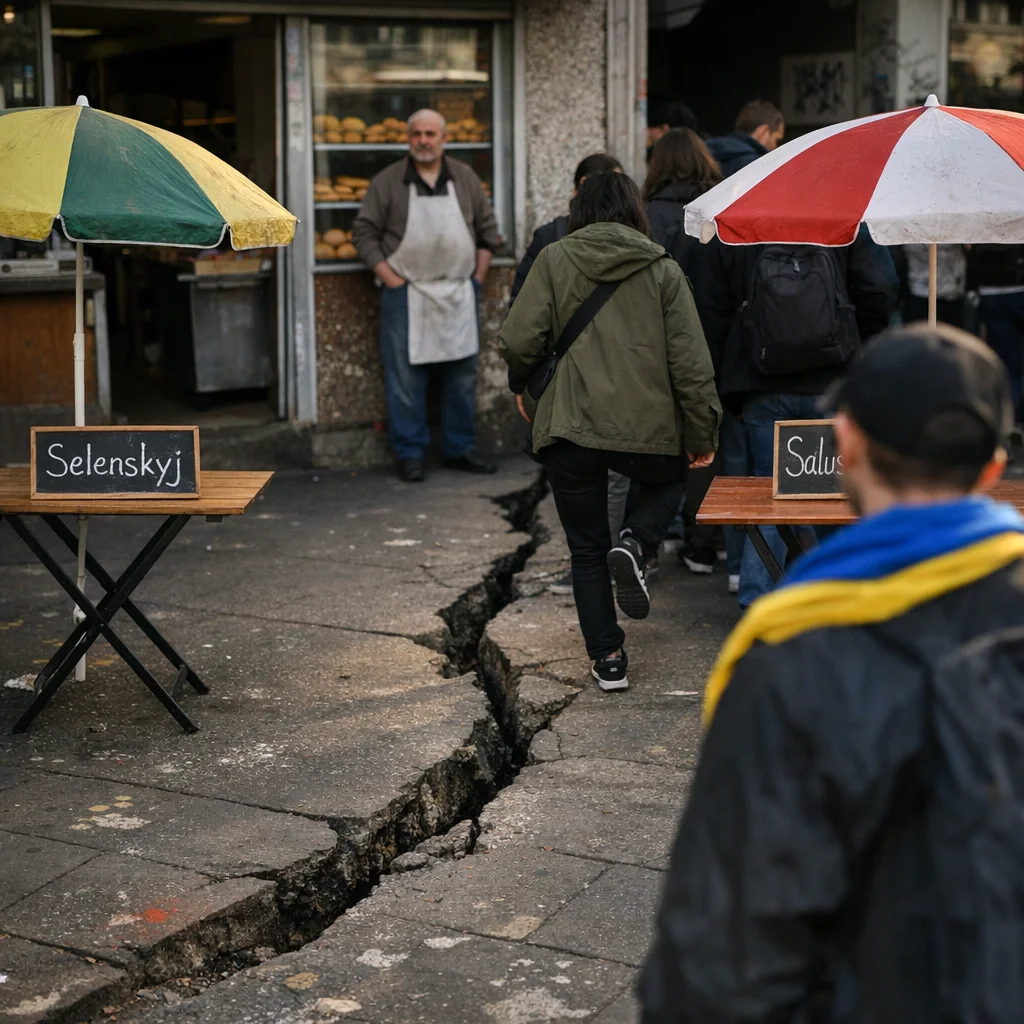 After Saluschnyj's 'Tiefer Riss' With Selenskyj, Wedding Artists Carve a Pavement Faultline and Sell Tickets to Cross It