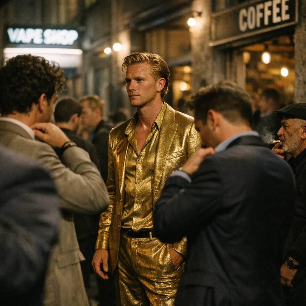 Golden Suit, Sweat Foot: Skarsgård Breaks Men’s Dress Code